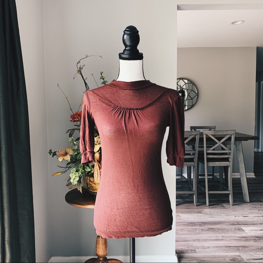 Free People Rust Brown Short Sleeve Gathered Neck Top
